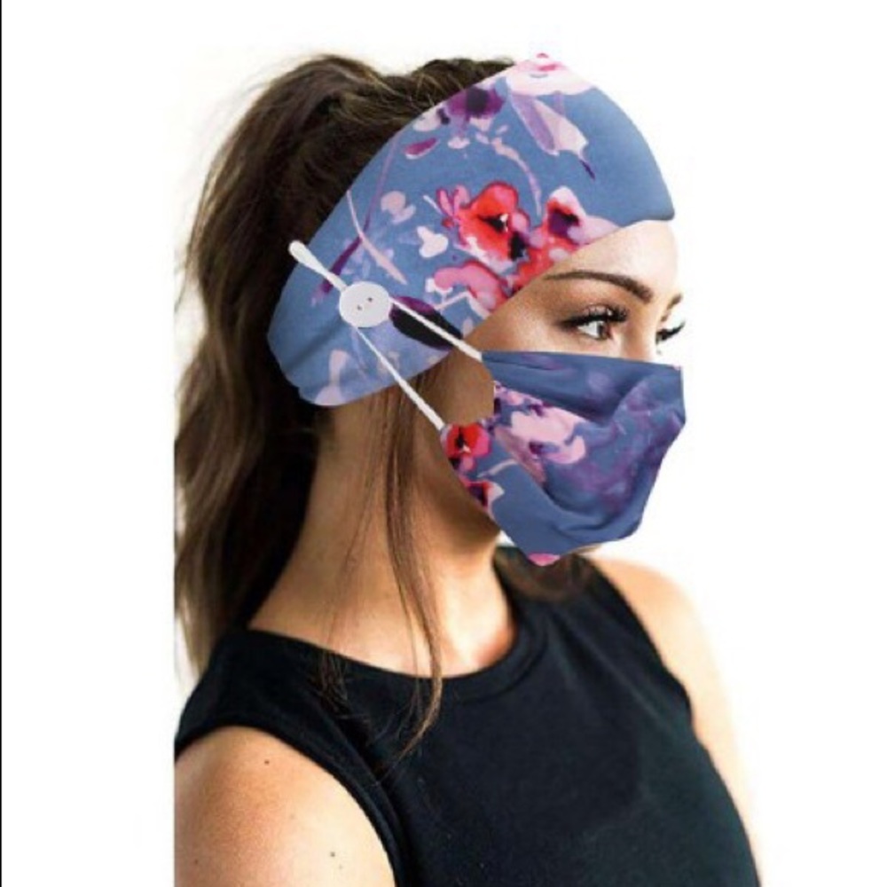 Face mask headband set - blue floral design